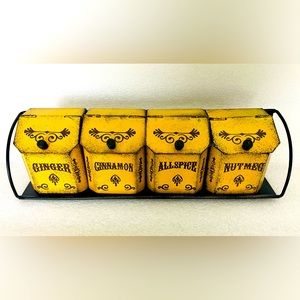 Vintage tin spice containers with rack - can be hung on the wall too